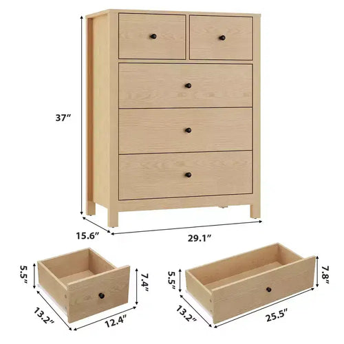 5-Drawer Tall Wooden Dresser for Bedroom, Modern Double Chest of Drawers with Deep Drawers & Metal Knobs for Kids Bedroom, Entryway & Hallway