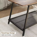 Industrial 2 Tier Rectangular Coffee Table with Rustic Brown Wood Finish and Metal Mesh Shelf, Heavy Duty Frame for Small Living Room