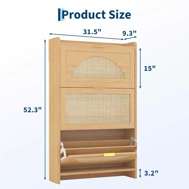 Modern narrow shoe cabinet for entryway  3 drop-down drawers and rattan doors  MDF wood storage unit  Natural oak style shoe organizer