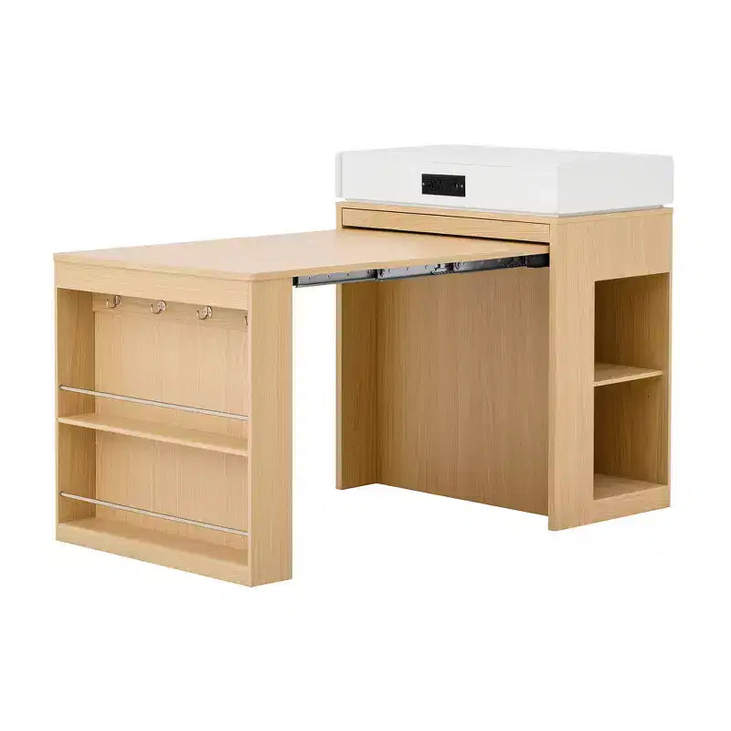 Zeus & Ruta Extendable Kitchen Island with Folding Tabletop, Drawers, Power Outlet, Wheels & Hooks for Dining Room