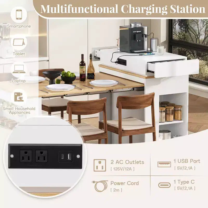 Zeus & Ruta Extendable Kitchen Island with Folding Tabletop, Drawers, Power Outlet, Wheels & Hooks for Dining Room