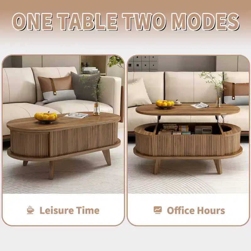 Zeus & Ruta Fluted Lift-Top Coffee Table with Hidden Compartment, Modern Oval Wooden Table for Living Room, Walnut Brown