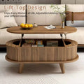Zeus & Ruta Fluted Lift-Top Coffee Table with Hidden Compartment, Modern Oval Wooden Table for Living Room, Walnut Brown