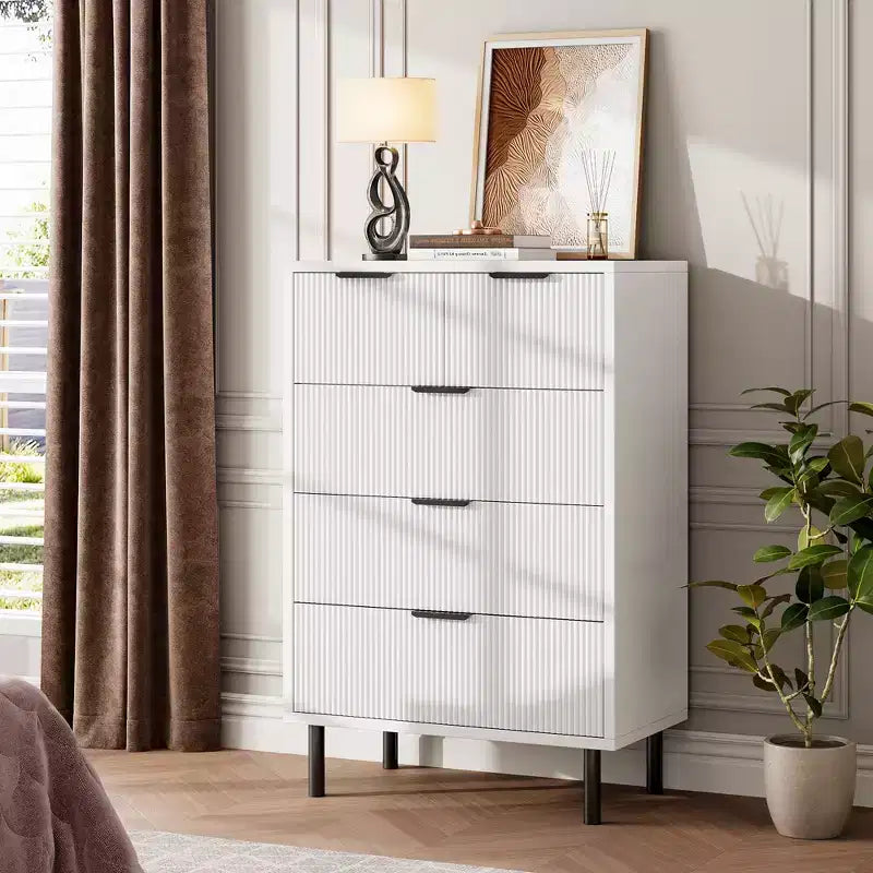 COZONY Fluted 5-Drawer Dresser  Modern Wood Chest w/ Wide Drawers & Metal Legs, Natural Oak