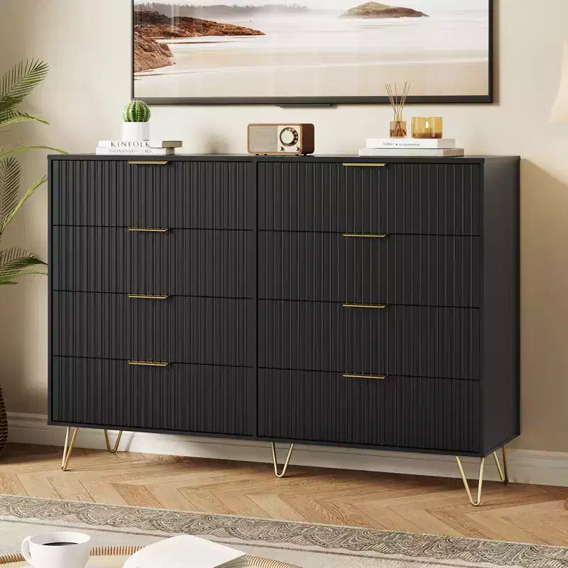 Acekool Fluted 8 Drawer Dresser for Bedroom, Wide Modern Wood Chest and TV Stand for Living Room Hallway