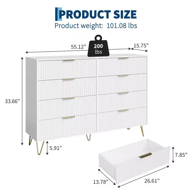 Acekool Fluted 8 Drawer Dresser for Bedroom, Wide Modern Wood Chest and TV Stand for Living Room Hallway