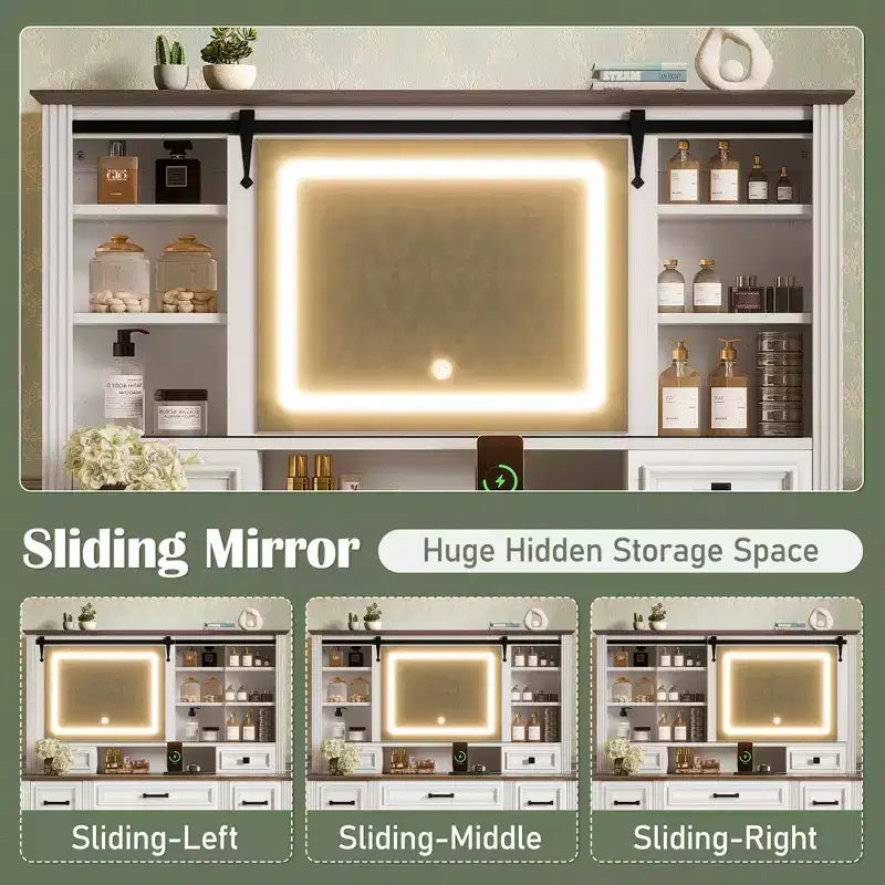 47.2-Inch Farmhouse Makeup Vanity Desk with Sliding LED Mirror, 9 Drawers, Charging Station, Storage Stool, and Open Shelves for Bedroom