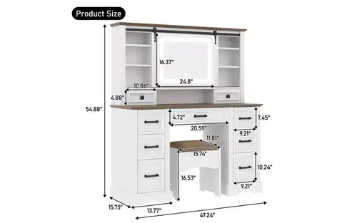 47.2-Inch Farmhouse Makeup Vanity Desk with Sliding LED Mirror, 9 Drawers, Charging Station, Storage Stool, and Open Shelves for Bedroom