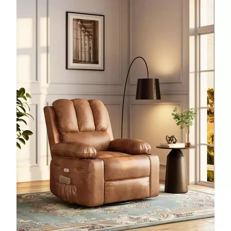 Recliner Chair with 360 Swivel & Rocking, Massage & Heat, PU Leather, USB, Cup Holders, Side Pocket, Beige/Brown Retro, for Living Room/Bedroom