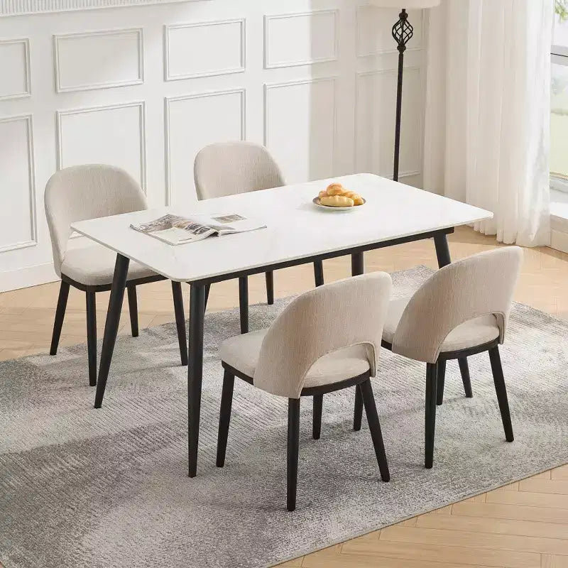 Set of 6 Upholstered Dining Chairs, Modern Fabric High Back Deep Seat Wooden Legs,Hollowed Kitchen Chairs for Dining Room
