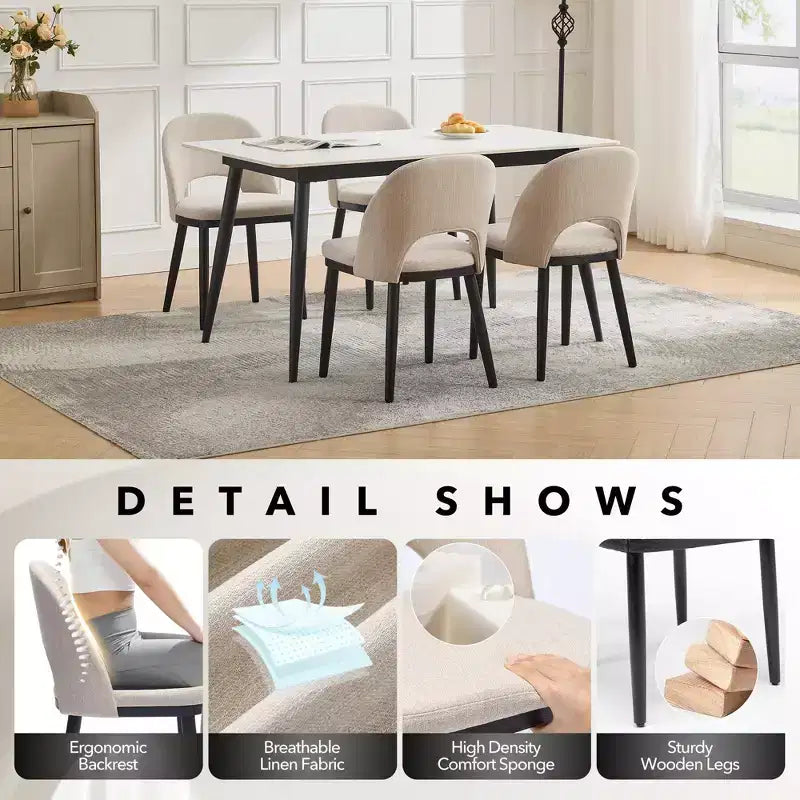Set of 6 Upholstered Dining Chairs, Modern Fabric High Back Deep Seat Wooden Legs,Hollowed Kitchen Chairs for Dining Room