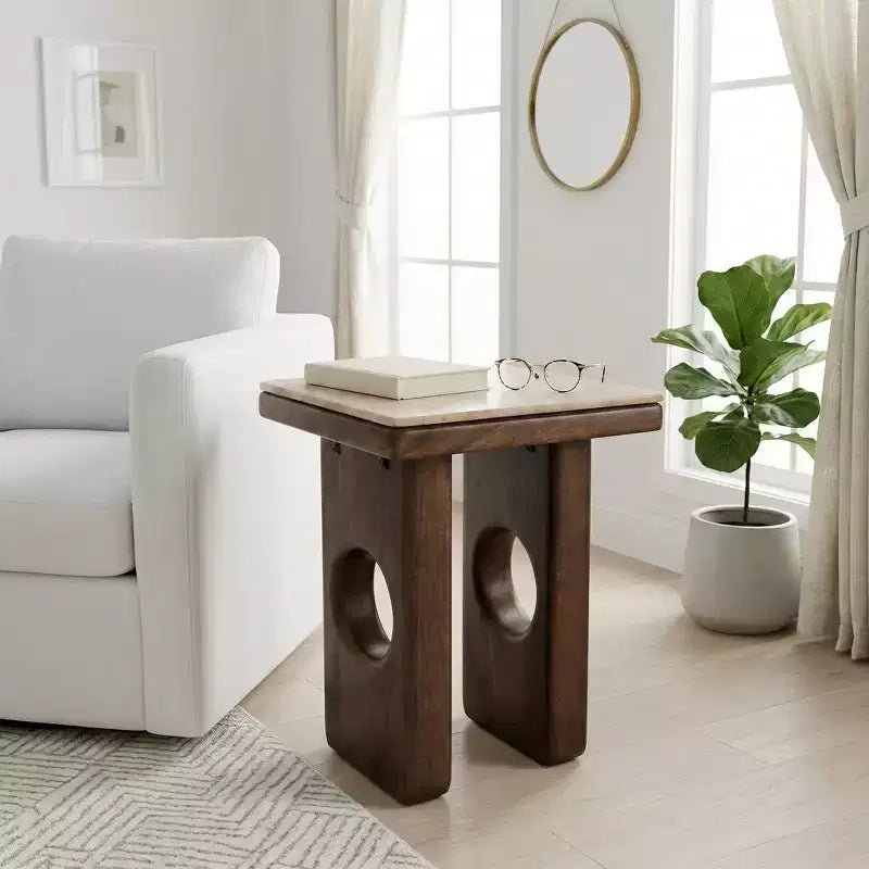Rustic Edge Square End and Side Table for Small Spaces - Elegant Top and Wood Base for Living Room and Bedroom Decor - 21, Tan & Brown