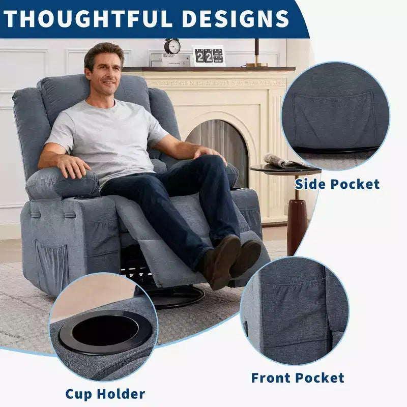 360 Swivel Rocking Recliner Chair with Cup Holder, Upholstered Manual Recliner for Living Room Nursery