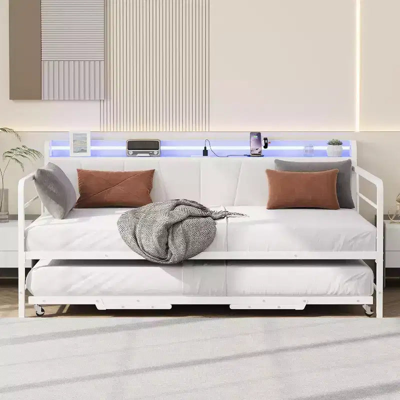 Twin Daybed with Trundle, LED Light, Charging Station & Storage Headboard, Metal Frame for Living Room, Bedroom, Guest Room