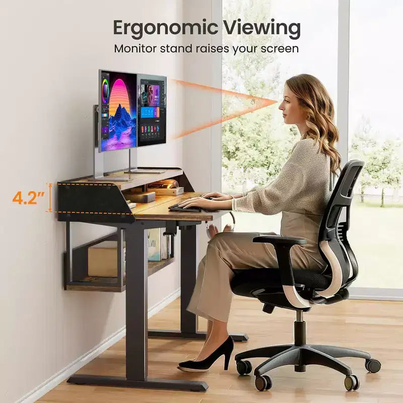 55x28 In Electric Standing Desk, Adjustable Sit Stand Desk with Bookshelf Monitor Stand, Stand Up Desk for Home Office with LED Light Strip