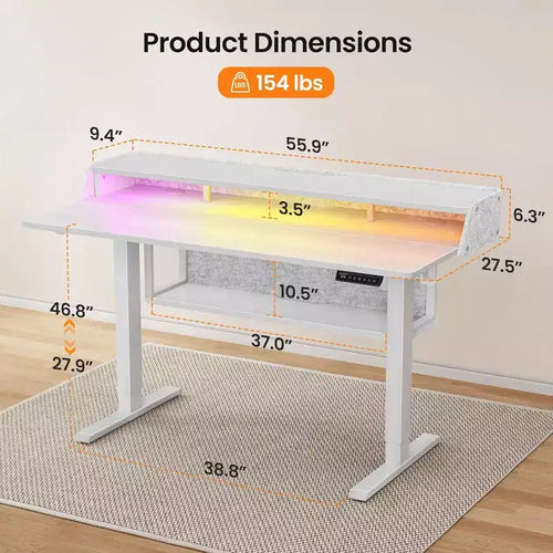 55x28 In Electric Standing Desk, Adjustable Sit Stand Desk with Bookshelf Monitor Stand, Stand Up Desk for Home Office with LED Light Strip