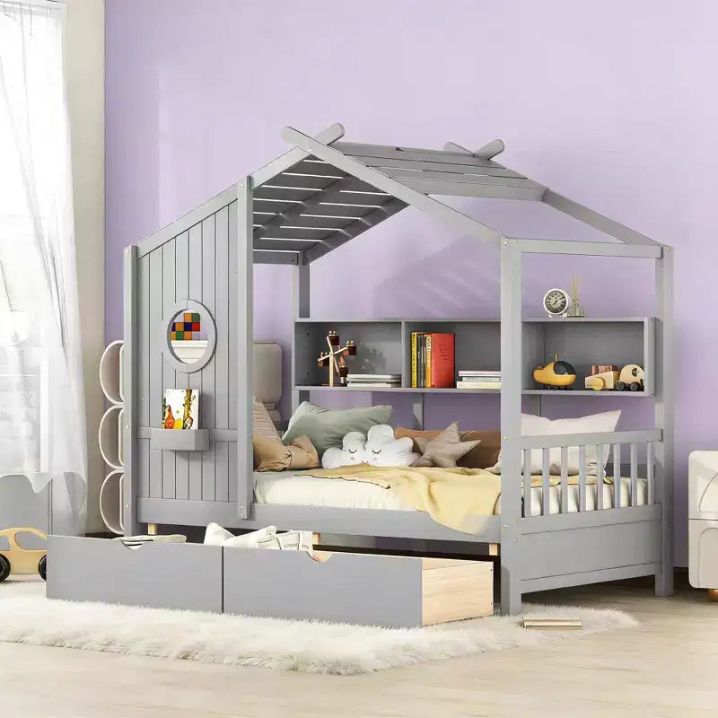 Luxystar House Shape Bed Frame With 2 Drawers, Shelves, Window and Roof
