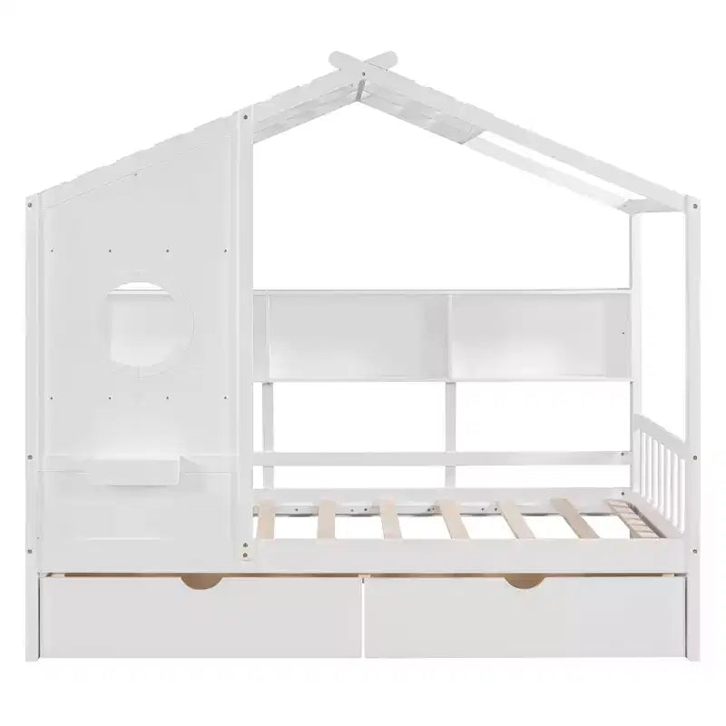 Luxystar House Shape Bed Frame With 2 Drawers, Shelves, Window and Roof