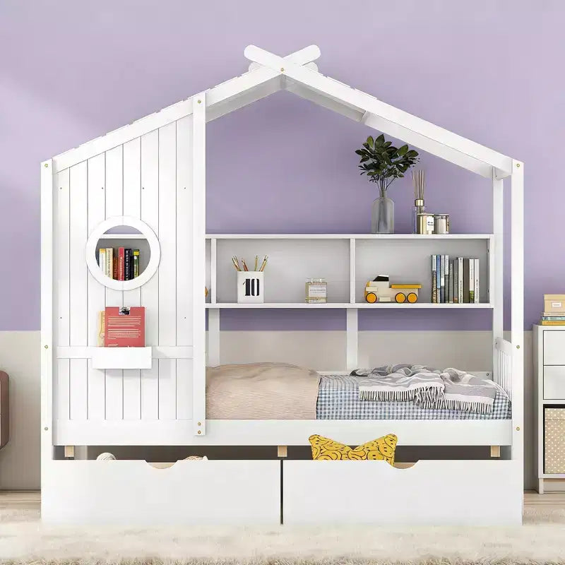 Luxystar House Shape Bed Frame With 2 Drawers, Shelves, Window and Roof