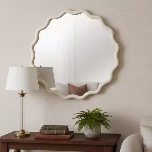 36 Round Decorative Wall Mirror with Wavy Design, Modern Accent Mirror for Bedroom, Bathroom, Living Room, Entryway-Panipeachy