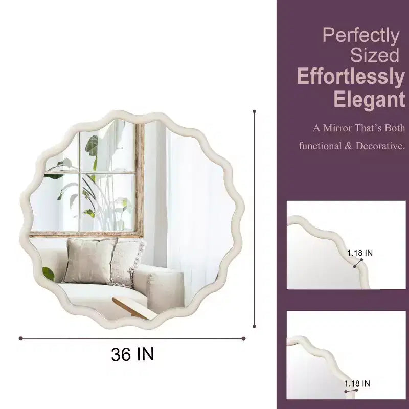 36 Round Decorative Wall Mirror with Wavy Design, Modern Accent Mirror for Bedroom, Bathroom, Living Room, Entryway-Panipeachy