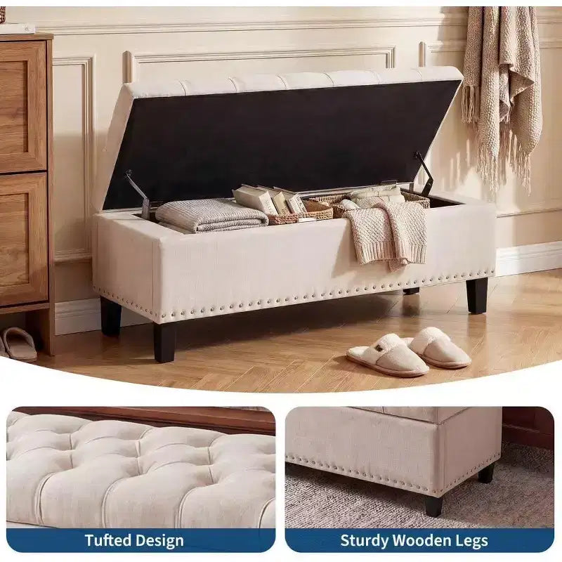 51 Extra Large Storage Ottoman Bench,Supports 660lbs End of Bed Storage Bench with Button-Tufted Upholstery and Safety Close Hinge,Upholstered Bench