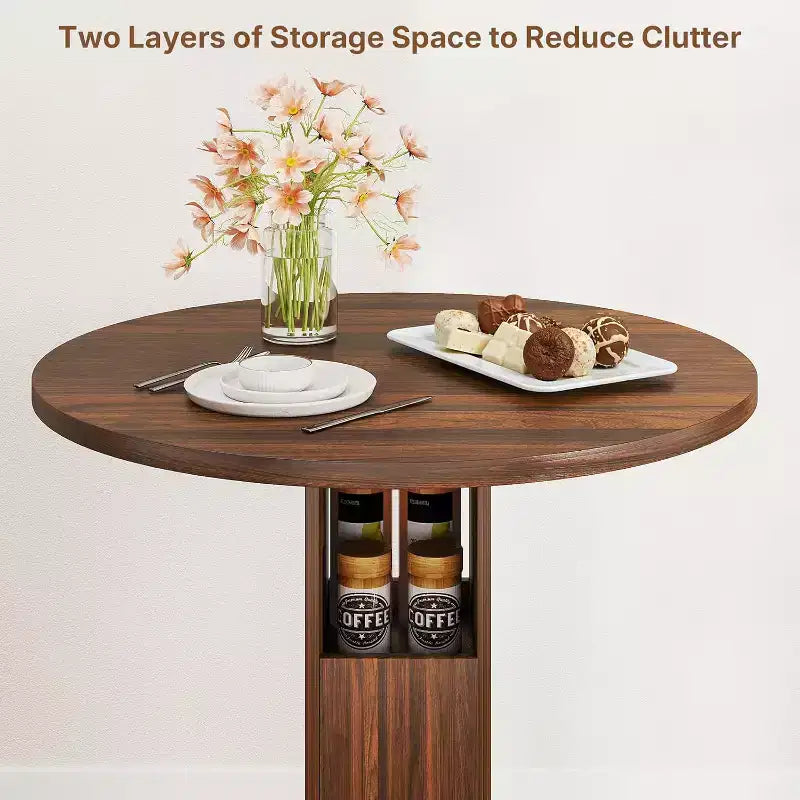 Zevemomo 3-Piece 31.5 Round Bar Table and Chairs Set for 2, Small Pub Dining Set with 2 Stools, Space Saving, Walnut