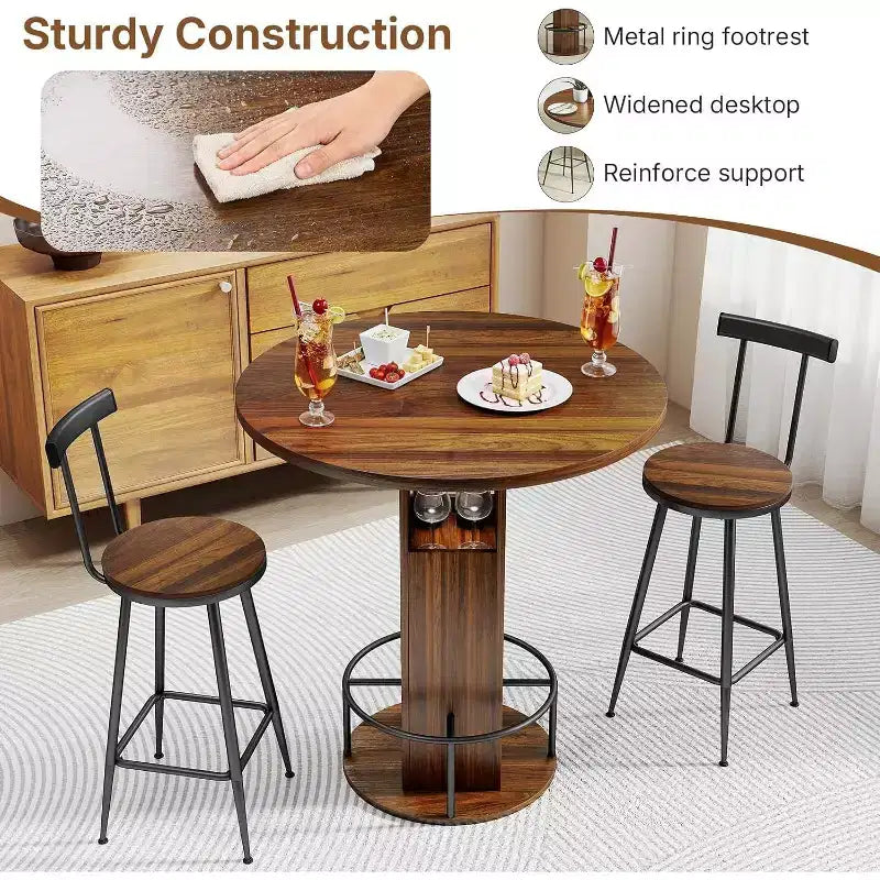 Zevemomo 3-Piece 31.5 Round Bar Table and Chairs Set for 2, Small Pub Dining Set with 2 Stools, Space Saving, Walnut