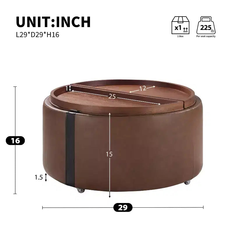 ModernLuxe 29 Round Storage Ottoman with Caster Wheels, Dual Reversible Lids, Upholstered Modern Coffee Table for Living Room