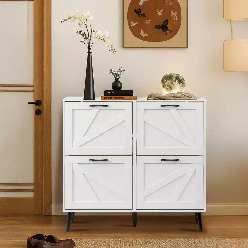 Karl Home Barn Door 4 Flip Black Handles Glued Particleboard Embossed Natural Legs Shoe Cabinet 41.7In