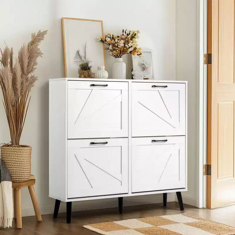 Karl Home Barn Door 4 Flip Black Handles Glued Particleboard Embossed Natural Legs Shoe Cabinet 41.7In