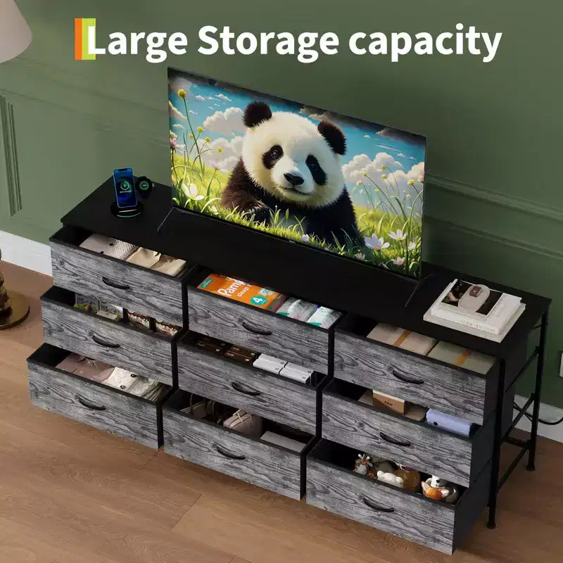 Dresser for Bedroom, Wide 9 Drawer Dresser TV Stand, Metal Frame Closet Storage Chest, Fabric Drawer Storage Cabinet Organizer