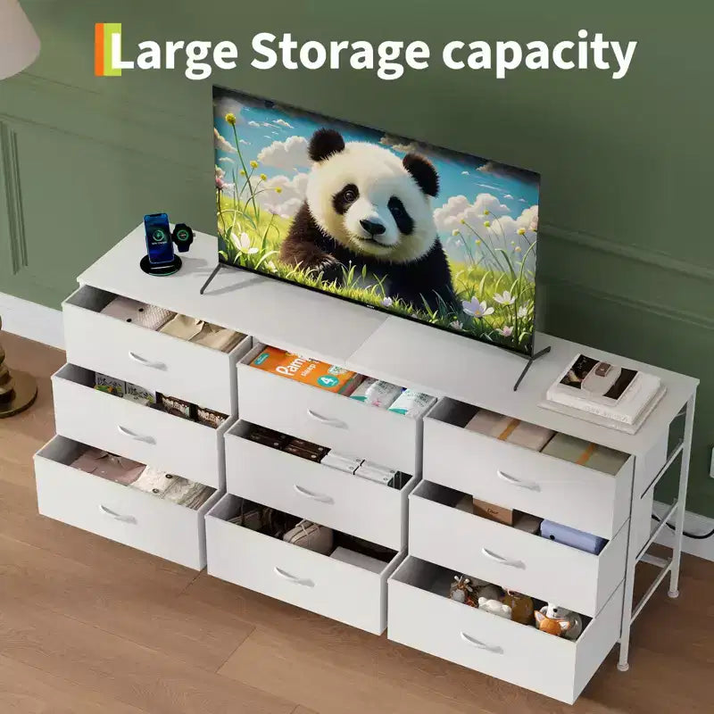 Dresser for Bedroom, Wide 9 Drawer Dresser TV Stand, Metal Frame Closet Storage Chest, Fabric Drawer Storage Cabinet Organizer