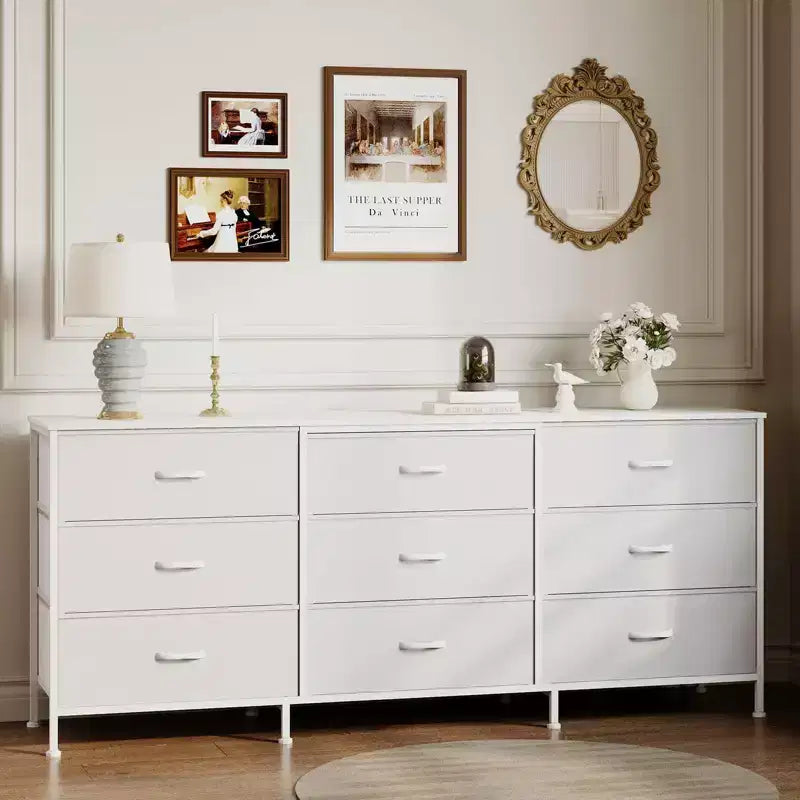Dresser for Bedroom, Wide 9 Drawer Dresser TV Stand, Metal Frame Closet Storage Chest, Fabric Drawer Storage Cabinet Organizer