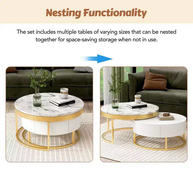 Whisen Modern Round Nesting Coffee Table Set with 2 Drawers - Golden & White