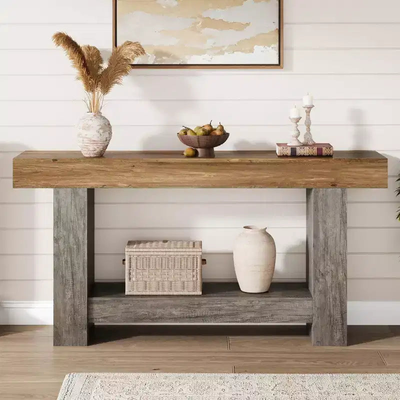 Farmhouse Console Table for Entryway, 2-Tier Narrow Sofa Table Behind Couch, Rectangular Hallway Accent Table with Open Storage Shelf