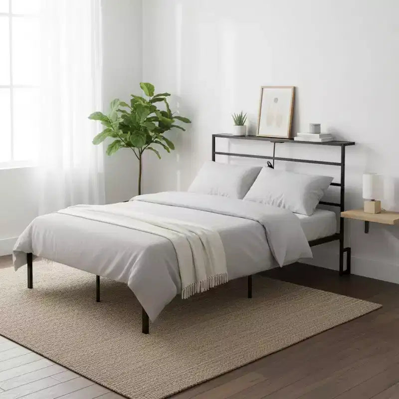 FurnitureR Metal Bed Frame with Storage Headboard, LED Light & Charging Station, Heavy Duty Platform Bed with Under Bed Storage, No Box Spring Needed