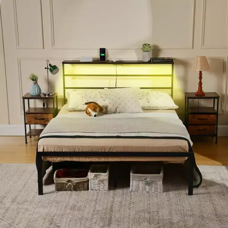 FurnitureR Metal Bed Frame with Storage Headboard, LED Light & Charging Station, Heavy Duty Platform Bed with Under Bed Storage, No Box Spring Needed
