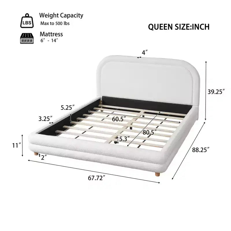 ModernLuxe Queen/King Size Platform Bed, Curved Headboard with Arch Silhouette, Modern Boucle Upholstered Bed Frame, White
