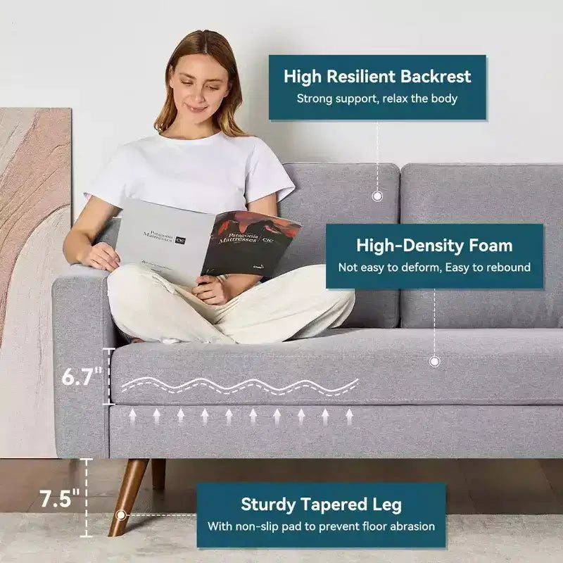 Dyonery 65.4 Mid-Century Modern Loveseat Sofa, Linen Fabric Couch with Spring Cushions & Solid Wood Legs, Tool-Free Assembly for Living Room Bedroom