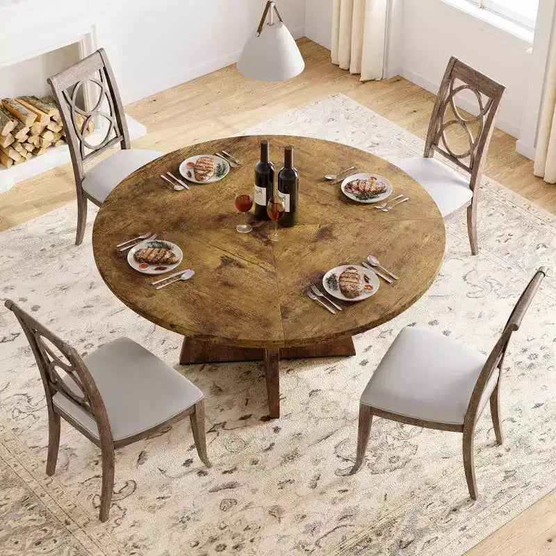 47 in Round Large Dining Table Set for 4 to 6 (No Chairs), Farmhouse Dinner Table with Wooden Top and Legs for Home Dining Room or Living Room