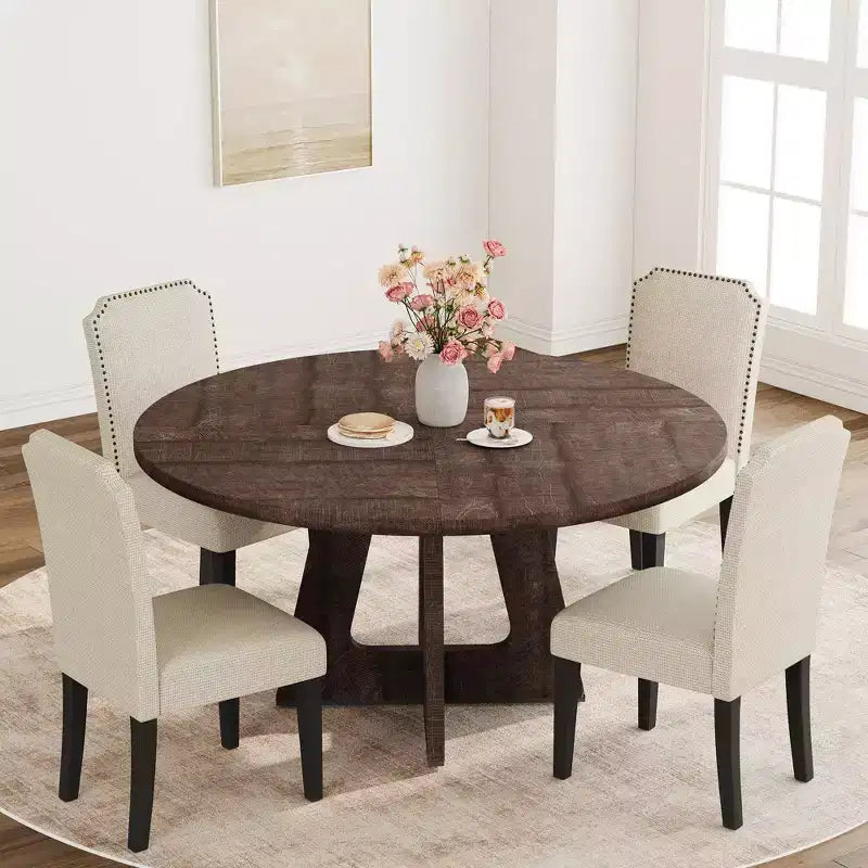47 in Round Large Dining Table Set for 4 to 6 (No Chairs), Farmhouse Dinner Table with Wooden Top and Legs for Home Dining Room or Living Room