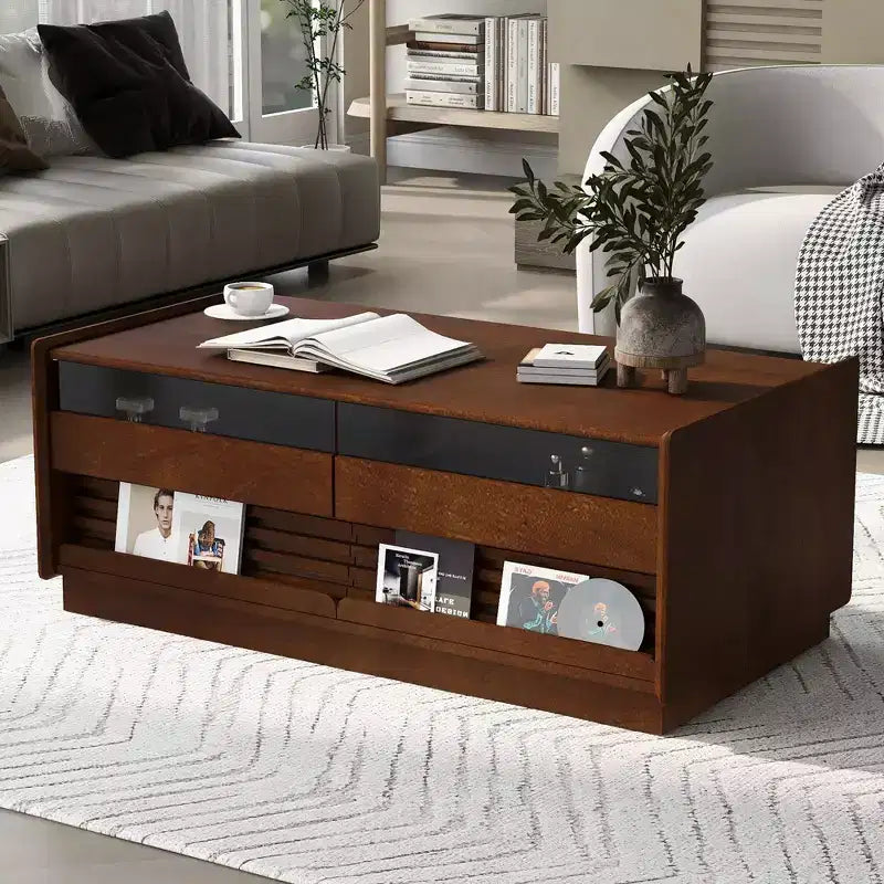 High Gloss Coffee Table with 4 Drawers, Square Storage Center Table for Living Room, Wood