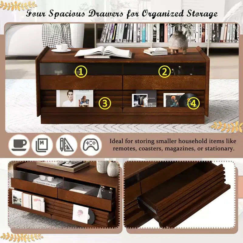 High Gloss Coffee Table with 4 Drawers, Square Storage Center Table for Living Room, Wood
