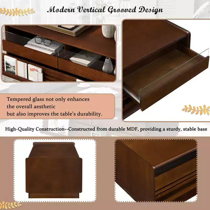 High Gloss Coffee Table with 4 Drawers, Square Storage Center Table for Living Room, Wood