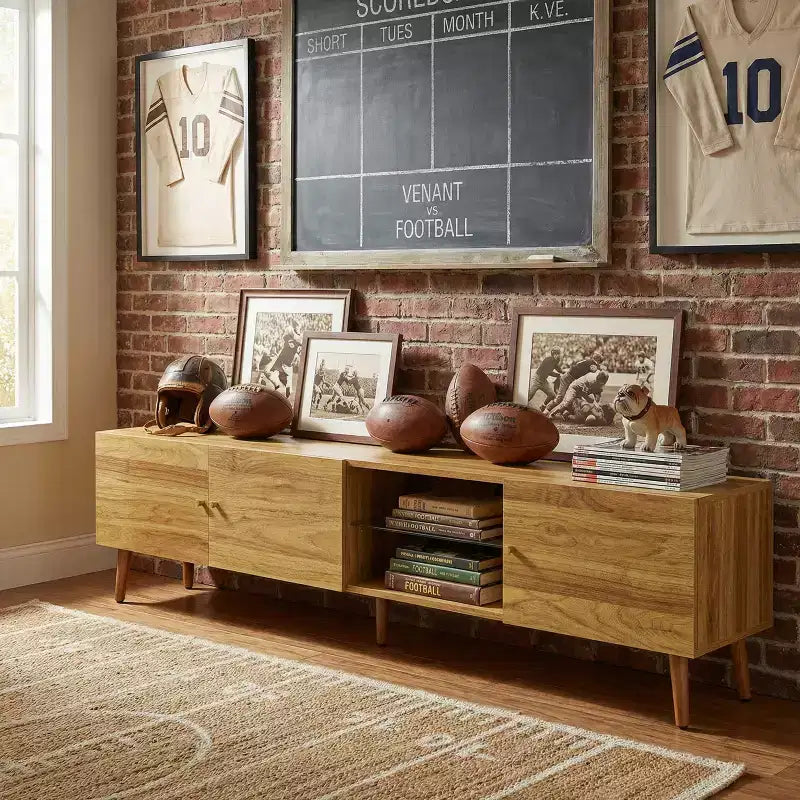 JVNOXK 70 Mid Century Modern TV Stand with Storage & Solid Wood Legs
