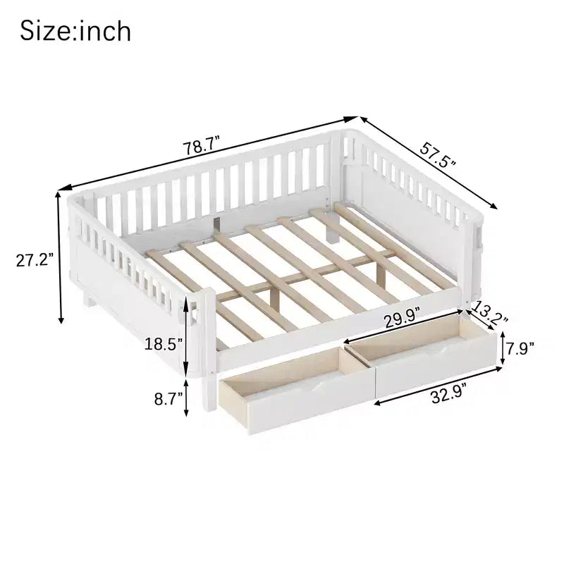 JVNOXK Full Size Wood Platform Bed for Kids, Wood Low Profile Full Bed with Rails for Girls and Boys, White