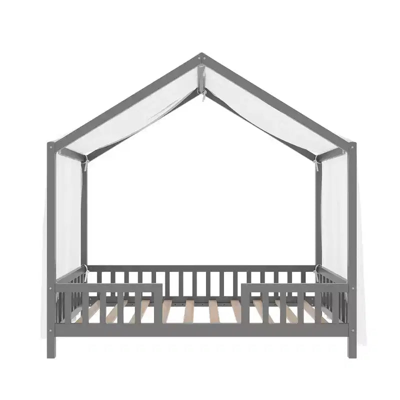 Twin Montessori Floor Bed with Canopy, House Bed Frame with High Railings for Kids, Gray
