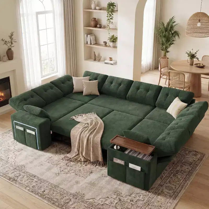 Dyonery 112 Modular Sofa Set, U-Shaped 8-Seater Sofa Bed / With Height-Adjustable Storage Chaise Armrests / USB/LED Light, Chenille Sofa Bed.