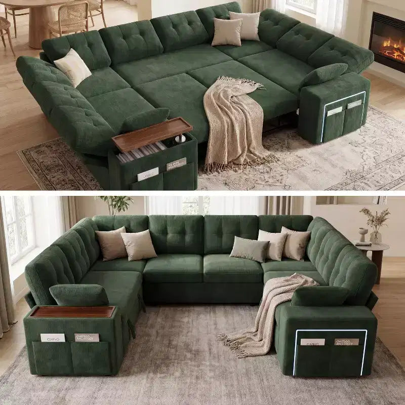 Dyonery 112 Modular Sofa Set, U-Shaped 8-Seater Sofa Bed / With Height-Adjustable Storage Chaise Armrests / USB/LED Light, Chenille Sofa Bed.